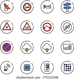 line vector icon set - satellite antenna vector, no smoking sign, hotel, road signpost, airport, children, limited distance, end speed limit, parking, download cloud, upload, statistics, cpu, server