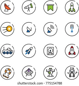 line vector icon set - satellite antenna vector, telescope, flag, rocket, first, laser, moon rover, hdd, teethers, ufo toy, robot