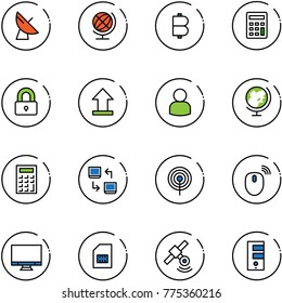 line vector icon set - satellite antenna vector, globe, bitcoin, calculator, locked, uplooad, user, data exchange, mouse wireless, monitor, sim, server