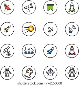 line vector icon set - satellite antenna vector, telescope, flag, rocket, first, moon rover, robot, teethers, ufo toy