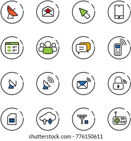 line vector icon set - satellite antenna vector, star letter, cursor, phone, website, group, dialog, mobile, wireless mail, lock, sim, cloud exchange data, no signal, radio