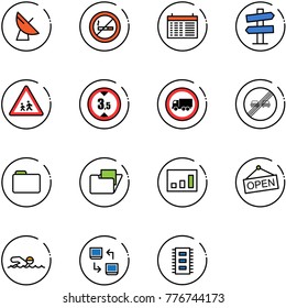 line vector icon set - satellite antenna vector, no smoking sign, schedule, road signpost, children, limited height, truck, end overtake limit, folder, statistics, open, swimming, data exchange