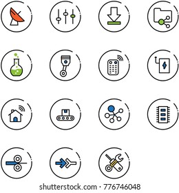 line vector icon set - satellite antenna vector, settings, download, shared folder, round flask, piston, remote control, power bank, wireless home, conveyor, molecule, chip, steel rolling, connect