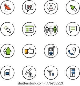 line vector icon set - satellite antenna vector, bow message, merry christmas, cursor, website, group, chat, arrow up, finger, music player, phone, sim, no signal, server