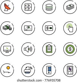 line vector icon set - satellite antenna vector, baggage room, coin, dollar, cash, credit card, hand cursor, monitor, volume max, clipboard, lounger, printer wireless, server, game console