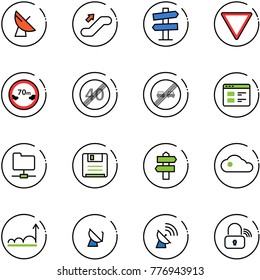 line vector icon set - satellite antenna vector, escalator up, road signpost sign, giving way, limited distance, end speed limit, overtake, website, network folder, save, cloud, growth