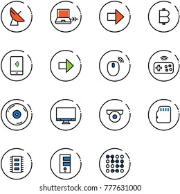 line vector icon set - satellite antenna vector, netabook connect, right arrow, bitcoin, mobile payment, mouse wireless, joystick, cd, monitor, surveillance camera, micro flash card, chip, server