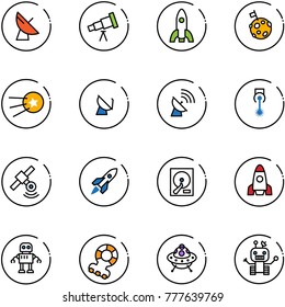 line vector icon set - satellite antenna vector, telescope, rocket, moon flag, first, laser, hdd, robot, teethers, ufo toy