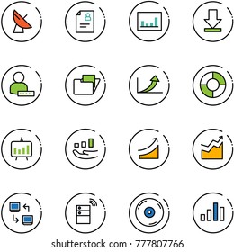 line vector icon set - satellite antenna vector, patient card, statistics, download, user password, folder, growth arrow, circle chart, presentation, rise, data exchange, server wireless, cd