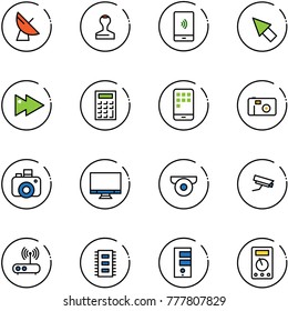 line vector icon set - satellite antenna vector, stamp, mobile payment, cursor, fast forward, calculator, photo, camera, monitor, surveillance, wi fi router, chip, server, multimeter