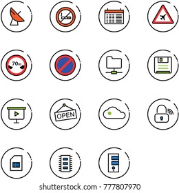 line vector icon set - satellite antenna vector, no smoking sign, schedule, airport road, limited distance, parking, network folder, save, presentation board, open, cloud, wireless lock, sim, chip