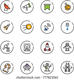 line vector icon set - satellite antenna vector, telescope, flag, moon, rocket, first, laser, hdd, robot, teethers, ufo toy