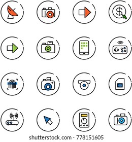 line vector icon set - satellite antenna vector, camera, right arrow, money click, mobile, joystick wireless, fingerprint scanner, surveillance, sim, wi fi router, cursor, multimeter