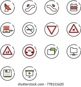 line vector icon set - satellite antenna vector, escalator up, down, sign post, netabook connect, no smoking, giving way road, airport, children, limited distance, folder, network, save