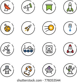 line vector icon set - satellite antenna vector, telescope, flag, rocket, moon, first, laser, rover, hdd, robot, teethers, ufo toy