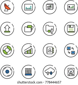 line vector icon set - satellite antenna vector, statistics, report, account, uplooad, folder, shared, save, circle chart, growth, contact book, data exchange, cd, binary code, cloud, hdd