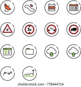 line vector icon set - satellite antenna vector, escalator down, sign post, schedule, airport road, limited height, distance, no truck, website, folder, download cloud, upload, chart point arrow