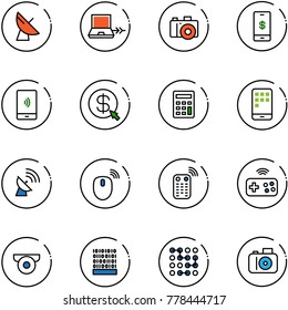 line vector icon set - satellite antenna vector, netabook connect, camera, mobile payment, money click, calculator, mouse wireless, remote control, joystick, surveillance, binary code, circuit