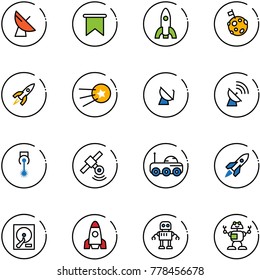 line vector icon set - satellite antenna vector, flag, rocket, moon, first, laser, rover, hdd, robot