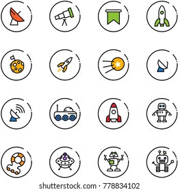 line vector icon set - satellite antenna vector, telescope, flag, rocket, moon, first, rover, robot, teethers, ufo toy
