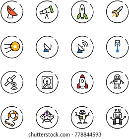 line vector icon set - satellite antenna vector, telescope, rocket, first, laser, hdd, robot, teethers, ufo toy
