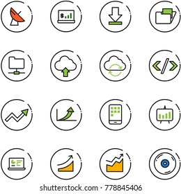 line vector icon set - satellite antenna vector, account statistics, download, folder, network, upload cloud, refresh, tag code, growth arrow, mobile, presentation chart, monitor, rise, cd