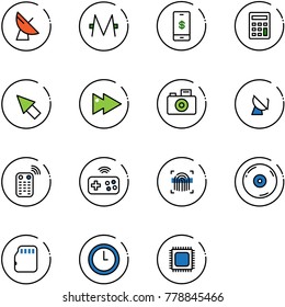 line vector icon set - satellite antenna vector, monero, mobile payment, calculator, cursor, fast forward, camera, remote control, joystick wireless, fingerprint scanner, cd, micro flash card, clock