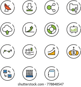 line vector icon set - satellite antenna vector, download, share, shared folder, upload cloud, growth arrow, circle chart, presentation, point, rise, dollar, data exchange, binary code