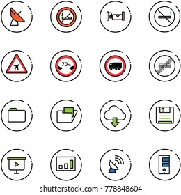 line vector icon set - satellite antenna vector, no smoking sign, hotel, airport road, limited distance, truck, end overtake limit, folder, download cloud, save, presentation board, statistics