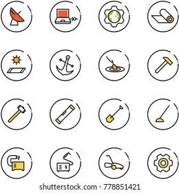 line vector icon set - satellite antenna vector, netabook connect, gear globe, mat, anchor, fishing, hammer, sledgehammer, level, shovel, hoe, machine tool, welding, lawn mower
