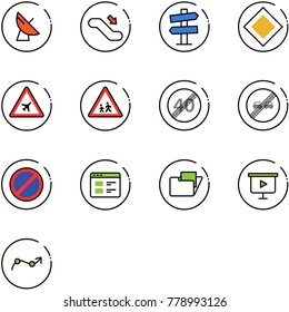 line vector icon set - satellite antenna vector, escalator down, road signpost sign, main, airport, children, end speed limit, overtake, no parking, website, folder, presentation board