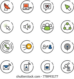 line vector icon set - satellite antenna vector, netabook connect, bow message, cursor, volume medium, group, social, phone horn, first, information exchange, wireless mail, identity card, sim