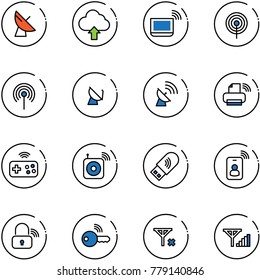 line vector icon set - satellite antenna vector, upload cloud, notebook wi fi, printer wireless, joystick, speaker, usb, identity card, lock, key, no signal, fine