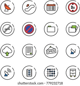 line vector icon set - satellite antenna vector, escalator up, schedule, limited height road sign, end overtake limit, no parking, folder, upload cloud, agreement, open, chip, circuit, tool cabinet