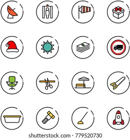 line vector icon set - satellite antenna vector, metal detector gate, side wind, gift, christmas hat, sun, dollar, no truck road sign, office chair, opening, inflatable pool, saw, basin, bolt, hoe