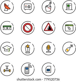 line vector icon set - satellite antenna vector, safe, champagne, atm, cash, prohibition road sign, landslide, cursor browser, graduate hat, award, microphone, fizz opening, gyroscope, mobile phone