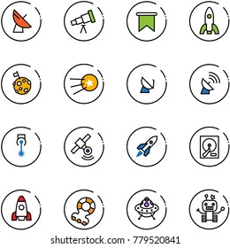 line vector icon set - satellite antenna vector, telescope, flag, rocket, moon, first, laser, hdd, teethers, ufo toy, robot