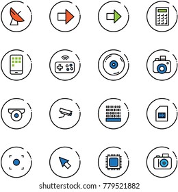 line vector icon set - satellite antenna vector, right arrow, calculator, mobile, joystick wireless, cd, camera, surveillance, binary code, sim, record button, cursor, cpu