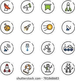 line vector icon set - satellite antenna vector, telescope, flag, rocket, moon, first, laser, rover, teethers, robot