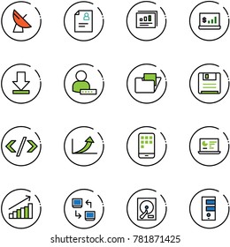 line vector icon set - satellite antenna vector, patient card, statistics report, account, download, user password, folder, save, tag code, growth arrow, mobile, monitor, data exchange, hdd, server