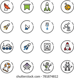 line vector icon set - satellite antenna vector, flag, rocket, moon, laser, rover, hdd, teethers, ufo toy, robot