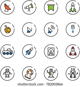 line vector icon set - satellite antenna vector, telescope, flag, rocket, moon, laser, rover, hdd, robot, teethers