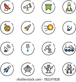 line vector icon set - satellite antenna vector, telescope, flag, rocket, moon, first, laser, rover, ufo toy, robot