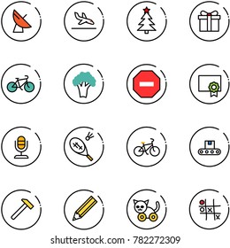 line vector icon set - satellite antenna vector, arrival, christmas tree, gift, bike, broccoli, no way road sign, certificate, microphone, badminton, conveyor, hammer, pencil, toy cat, Tic tac toe