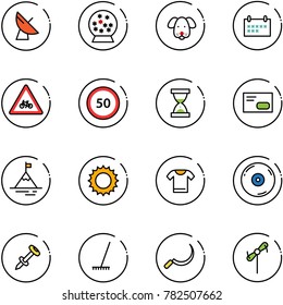 line vector icon set - satellite antenna vector, snowball, dog, schedule, road for moto sign, speed limit 50, sand clock, envelope, mountain, sun, t shirt, cd, nail dowel, rake, sickle, toy windmill