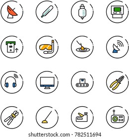 line vector icon set - satellite antenna vector, thermometer, drop counter, atm, diving, fishing, wireless headphones, monitor, conveyor, pliers, bolt cutter, hoe, stapler, radio