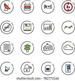 line vector icon set - satellite antenna vector, sign post, hotel, limited height road, end overtake limit, save, statistics, chart point arrow, agreement, signpost, open, cloud, wireless lock, sim
