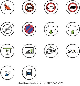 line vector icon set - satellite antenna vector, no smoking sign, limited distance road, truck, end overtake limit, parking, download cloud, upload, presentation board, statistics, open, swimming