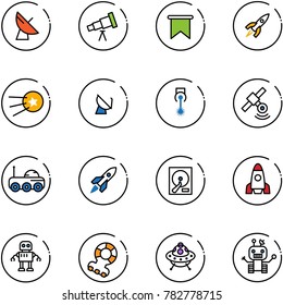 line vector icon set - satellite antenna vector, telescope, flag, rocket, first, laser, moon rover, hdd, robot, teethers, ufo toy