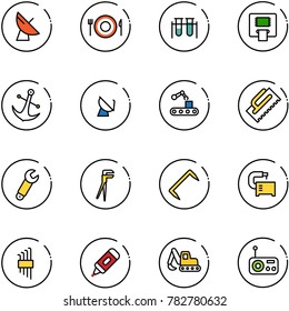 line vector icon set - satellite antenna vector, plate spoon fork, vial, atm, anchor, conveyor, trowel, wrench, plumber, staple, machine tool, allen key set, marker, excavator toy, radio